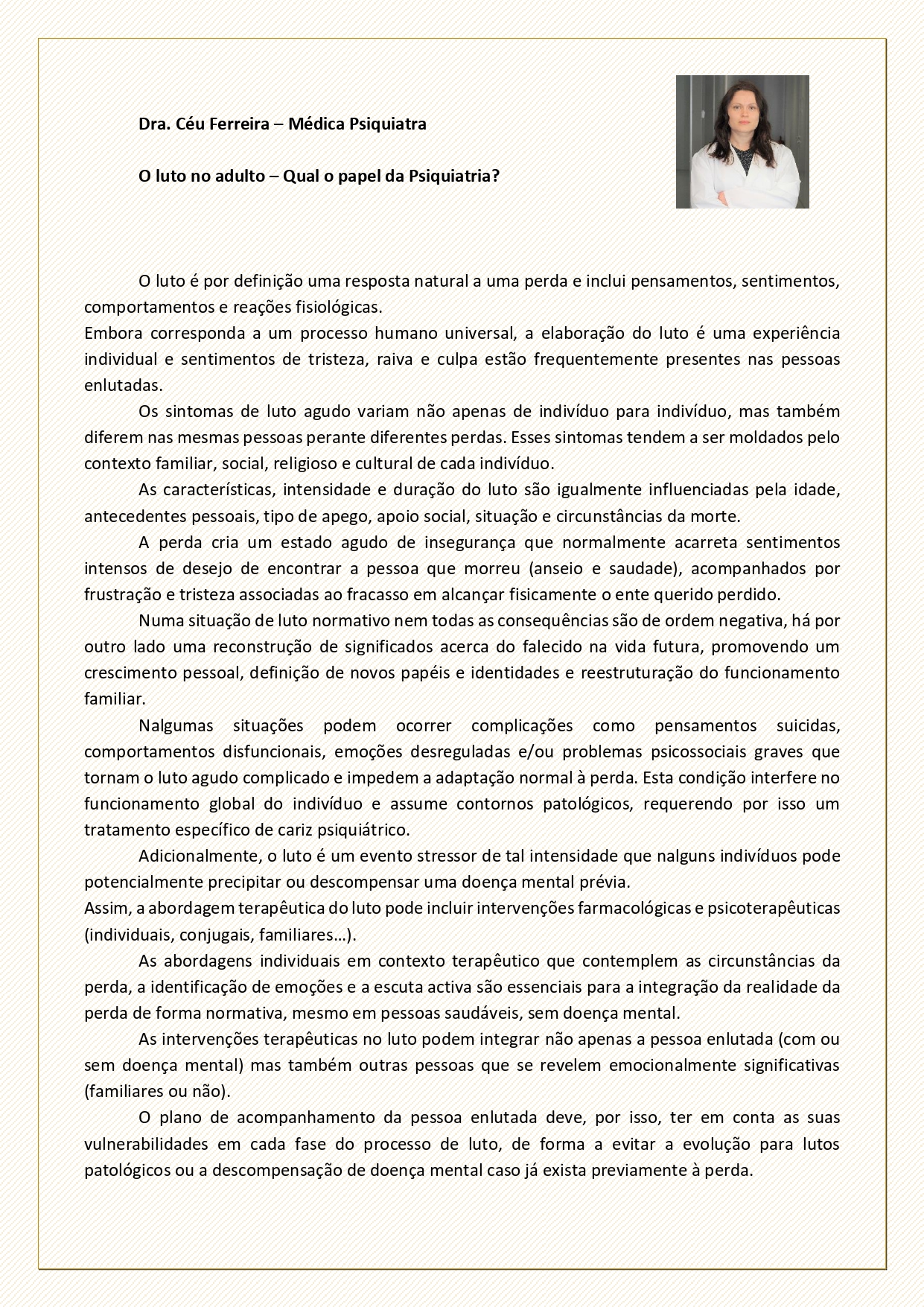 O luto no adulto – Qual o papel da Psiquiatria?